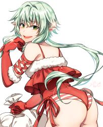 Rule 34 | 1girl, :d, ass, bare shoulders, commentary request, elbow gloves, fur-trimmed gloves, fur trim, gloves, goblin slayer!, green eyes, green hair, high elf archer (goblin slayer!), highres, holding, holding sack, kankitukou, leotard, long hair, looking at viewer, looking back, open mouth, partial commentary, pointy ears, red gloves, red leotard, sack, simple background, smile, solo, striped clothes, striped leotard, teeth, two-tone leotard, upper teeth only, white background, white leotard