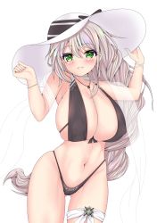 Rule 34 | 1girl, absurdres, aquila (a sip of sardegnian elegance) (azur lane), aquila (azur lane), azur lane, beach, bikini, black bikini, blue sky, breasts, covered erect nipples, gluteal fold, hair between eyes, hat, highleg, highleg bikini, highres, huge breasts, long hair, looking at viewer, official alternate costume, see-through, simple background, sky, solo, sun hat, swimsuit, very long hair, white background, white hair, white hat, yanmaa (yanmar195)