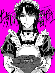 Rule 34 | 1boy, alternate costume, apron, artist name, bags under eyes, bow, bowtie, choker, closed mouth, commentary request, crossdressing, dated, dress, enmaided, fingernail torture device, greyscale with colored background, heart, heart choker, highres, holding, holding tray, ichijou seiya, kaiji, long hair, looking at viewer, maid, maid apron, maid headdress, male focus, male maid, medium bangs, pink background, puffy short sleeves, puffy sleeves, short sleeves, smile, solo, tray, unknown03162, upper body