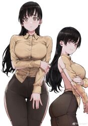 Rule 34 | 1girl, absurdres, arm support, ass, backless outfit, bare back, black hair, breasts, collared shirt, commentary request, highres, jun (navigavi), large breasts, long hair, long sleeves, looking at viewer, meme attire, original, pants, shirt, solo, standing, weibo logo, weibo watermark, white background