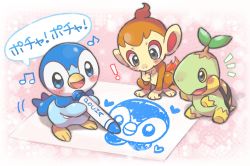 Rule 34 | !, blue eyes, blush stickers, character print, chimchar, commentary request, crayon, creatures (company), game freak, gen 4 pokemon, grey eyes, holding, holding crayon, musical note, nintendo, no humans, notice lines, open mouth, piplup, pokemon, pokemon (creature), sitting, squatting, starter pokemon trio, tansho, toes, tongue, turtwig