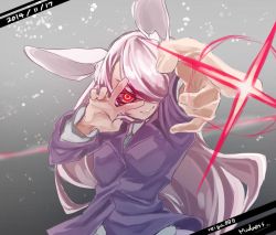 Rule 34 | 1girl, animal ears, artist name, colored eyelashes, covering one eye, dated, english text, glowing, glowing eye, gradient background, jacket, light purple hair, long hair, long sleeves, looking at viewer, md5 mismatch, outstretched arm, rabbit ears, red eyes, reiga (act000), reisen udongein inaba, resized, smirk, solo, teeth, text focus, touhou, v, vest