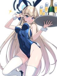 Rule 34 | 1girl, alcohol, animal ears, azure-maya, blonde hair, blue archive, blue eyes, blue leotard, breasts, champagne, closed mouth, commentary, cup, drinking glass, fake animal ears, gluteal fold, halo, headset, highleg, highleg leotard, highres, leotard, long hair, looking at viewer, medium breasts, microphone, official alternate costume, playboy bunny, rabbit ears, rabbit tail, revision, solo, sparkle, strapless, strapless leotard, tail, thighhighs, thighs, toki (blue archive), toki (bunny) (blue archive), tray, v over eye, very long hair, white thighhighs, wrist cuffs