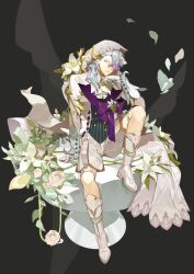Rule 34 | 1boy, absurdres, alternate costume, black background, black gemstone, boots, bow, buttons, candle, caviar (food fantasy), closed mouth, cuff links, double-breasted, expressionless, falling petals, flower, flower over eye, food fantasy, frilled shirt, frills, full body, gem, gloves, grey hair, hair over one eye, head rest, highres, j na, jacket, knee up, lapels, leaf, lily (flower), long sleeves, looking at viewer, male focus, one eye covered, pedestal, petals, plant, purple bow, purple eyes, purple flower, purple rose, rose, shirt, shorts, sitting, solo, thigh strap, veil, vines, white flower, white footwear, white gloves, white jacket, white lily, white rose, white shirt, white shorts, white veil