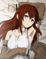 Rule 34 | 1girl, armpits, bed sheet, blue eyes, brown coat, coat, from above, hair between eyes, highres, long hair, long sleeves, looking at viewer, makise kurisu, ny0r0ny0r0, open clothes, open coat, parted lips, red hair, shirt, sleeveless, sleeveless shirt, sleeves past wrists, steins;gate