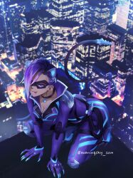 Rule 34 | 1girl, animal ears, asymmetrical hair, bell, black cat sombra, black mask, bodysuit, breasts, building, cat, cat ears, cat tail, catsuit, choker, cityscape, cleavage, cyborg, dark-skinned female, dark skin, domino mask, earrings, eveningsky som, fang, gradient hair, hair over one eye, hands on ground, highres, jewelry, looking at viewer, mask, multicolored hair, neck bell, overwatch, overwatch 2, purple bodysuit, purple choker, purple eyes, purple hair, short hair, skin fang, skyscraper, solo, squatting, stud earrings, tail, tongue, tongue out, twitter username