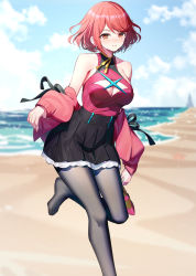 Rule 34 | 1girl, bare shoulders, beach, black pantyhose, black skirt, blue sky, blurry, blurry background, breasts, cleavage, closed mouth, cloud, commentary request, day, earrings, feet out of frame, highres, holding, holding clothes, holding footwear, holding shoes, horizon, jacket, jewelry, large breasts, long sleeves, off shoulder, open clothes, open jacket, outdoors, pantyhose, pink jacket, pleated skirt, puffy long sleeves, puffy sleeves, purple footwear, pyra (xenoblade), red eyes, red hair, red shirt, ririko (zhuoyandesailaer), sand, shirt, shoes, unworn shoes, short hair, skirt, sky, sleeveless, sleeveless shirt, smile, solo, standing, standing on one leg, xenoblade chronicles (series), xenoblade chronicles 2