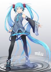 Rule 34 | 1girl, absurdly long hair, black thighhighs, blue eyes, blue hair, character name, detached sleeves, fu-ta, full body, hatsune miku, headphones, long hair, looking at viewer, matching hair/eyes, necktie, outstretched arm, skirt, solo, thighhighs, twintails, very long hair, vocaloid