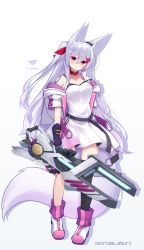 Rule 34 | 1girl, animal ear fluff, animal ears, black gloves, black thighhighs, blush, boots, breasts, camisole, cleavage, closed mouth, collar, collarbone, full body, gloves, gradient background, grey background, grey hair, hair between eyes, hair ornament, hair ribbon, hairclip, highres, holding, holding weapon, jacket, long hair, medium breasts, off shoulder, open clothes, open jacket, original, pleated skirt, red collar, red eyes, red ribbon, ribbon, shirogane kasane, short sleeves, single thighhigh, skirt, solo, standing, strap slip, surume aburi, tail, thighhighs, thighhighs under boots, twitter username, very long hair, weapon, white background, white camisole, white footwear, white jacket, white skirt