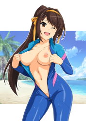 Rule 34 | 1girl, beach, blue bodysuit, blue sky, blush, bodysuit, breasts, breasts out, brown eyes, brown hair, collarbone, commentary request, day, diving suit, female pubic hair, hairband, haruhisky, highres, hip focus, large breasts, long hair, looking at viewer, love live!, love live! school idol festival, love live! sunshine!!, navel, nipples, one eye closed, open bodysuit, open clothes, open mouth, orange hairband, parody, ponytail, pubic hair, pubic hair peek, sky, smile, solo, suzumiya haruhi, suzumiya haruhi no yuuutsu, swept bangs, thighs, wet, wetsuit