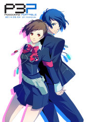 Rule 34 | 10s, 2014, armband, back-to-back, blue eyes, blue hair, bow, brown hair, copyright name, headphones, holding hands, lipstick, looking at viewer, makeup, persona, persona 3, persona 3 portable, pleated skirt, red eyes, school uniform, shiomi kotone, short hair, skirt, white background, yamkom, yuuki makoto (persona 3)