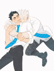 Rule 34 | 2boys, akaashi keiji, black footwear, black hair, black pants, blue necktie, bokuto koutarou, chengongzi123, closed eyes, collared shirt, commentary, facing another, haikyuu!!, hands up, highres, hug, hug from behind, male focus, multiple boys, necktie, open mouth, pants, shirt, shoes, short hair, simple background, smile, striped necktie, symbol-only commentary, thick eyebrows, very short hair, white background, white hair, white shirt, yaoi