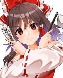 Rule 34 | 1girl, absurdres, bare shoulders, between fingers, blush, bow, brown eyes, brown hair, closed mouth, crossed wrists, detached sleeves, eyes visible through hair, frilled bow, frilled hair tubes, frills, gohei, hair between eyes, hair bow, hair tubes, hakurei reimu, highres, holding, holding stick, leaning to the side, long hair, long sleeves, looking at viewer, ofuda, ofuda between fingers, red bow, red vest, ribbon-trimmed sleeves, ribbon trim, simple background, smile, solo, stick, tawashi hechima, touhou, upper body, vest, white background