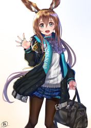 Rule 34 | 1girl, :d, after3310, amiya (arknights), animal ear fluff, animal ears, aqua eyes, arknights, ascot, bag, black jacket, black pantyhose, blue skirt, breasts, brown hair, commentary, cowboy shot, duffel bag, english text, eyelashes, hair between eyes, highres, jacket, jewelry, long hair, looking at viewer, miniskirt, multiple rings, neck ring, open clothes, open jacket, open mouth, pantyhose, plaid, plaid skirt, purple ascot, rabbit ears, ribbed sweater, ring, signature, simple background, skirt, small breasts, smile, solo, sweater, waving, white background, white sweater