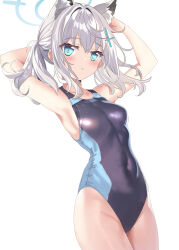 Rule 34 | 1girl, animal ear fluff, animal ears, arms behind head, aruka (alka p1), black one-piece swimsuit, blue archive, blue eyes, breasts, competition swimsuit, covered navel, cowboy shot, cross hair ornament, extra ears, grey hair, hair ornament, halo, highres, looking at viewer, low ponytail, medium breasts, medium hair, mismatched pupils, multicolored clothes, multicolored swimsuit, one-piece swimsuit, shiroko (blue archive), shiroko (swimsuit) (blue archive), solo, swimsuit, wolf ears
