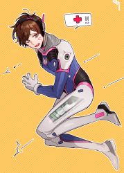 Rule 34 | 108 127, 1boy, acronym, animal print, bad id, bad pixiv id, blue bodysuit, bodysuit, boots, bracer, brown eyes, brown hair, clothes writing, d.va (overwatch), facepaint, facial mark, from side, full body, genderswap, genderswap (ftm), gloves, gun, headphones, high collar, highres, looking at viewer, male focus, open mouth, overwatch, overwatch 1, pilot suit, rabbit print, ribbed bodysuit, short hair, shoulder pads, solo, sweatdrop, thigh boots, thighhighs, weapon, whisker markings, white gloves, white thighhighs