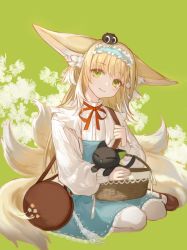 Rule 34 | 1girl, animal, animal ears, animal on head, arknights, basket, black cat, blonde hair, blue dress, blue hairband, brown footwear, cardigan, cat, cat on head, dress, fox ears, fox girl, fox tail, frilled hairband, frills, green background, green eyes, hair down, hairband, heixiu, kitsune, large ears, long hair, looking at viewer, luo xiaohei, mlcc 3190969461, multicolored hair, multiple tails, neck ribbon, official alternate costume, on head, open cardigan, open clothes, pantyhose, red ribbon, ribbon, simple background, sitting, solo, streaked hair, suzuran (arknights), suzuran (praise spring) (arknights), suzuran (spring praise) (arknights), tail, luo xiaohei zhanji, wariza, white cardigan, white hair, white pantyhose