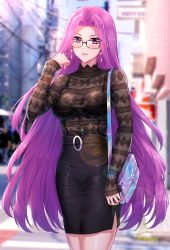 Rule 34 | 1girl, absurdres, bag, belt, black shirt, black skirt, blurry, blurry background, blush, breasts, contemporary, earrings, fate/stay night, fate (series), forehead, glasses, high-waist skirt, highres, hua-j, jewelry, large breasts, long hair, long sleeves, looking at viewer, medusa (fate), medusa (rider) (fate), nail polish, parted bangs, parted lips, pencil skirt, purple eyes, purple hair, shirt, shoulder bag, skirt, smile, thighs, very long hair