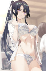 Rule 34 | 1girl, blouse, blurry, blush, breasts, cleavage, collarbone, depth of field, highres, hiiragi yuuichi, large breasts, long hair, looking at viewer, open clothes, open shirt, original, parted bangs, shirt, solo, very long hair, white shirt