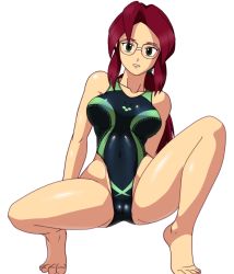 Rule 34 | 1girl, bare arms, bare legs, bare shoulders, barefoot, breasts, cameltoe, competition swimsuit, creatures (company), deadmoon (kein2002), elite four, game freak, glasses, green eyes, highres, large breasts, long hair, lorelei (pokemon), nintendo, one-piece swimsuit, pokemon, pokemon frlg, pokemon rgby, ponytail, purple hair, sleeveless, swimsuit