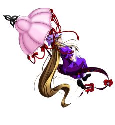 Rule 34 | 1girl, blonde hair, dress, female focus, hat, hat ribbon, highres, long hair, looking back, pandora (angelfeather-heart), purple eyes, ribbon, sitting, touhou, umbrella, white dress, yakumo yukari