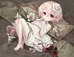 Rule 34 | 1girl, bare shoulders, barefoot, blush, character request, closed mouth, dress, flower, food, fruit, full body, hair between eyes, hair flower, hair ornament, highres, interlocked fingers, knees up, lily (flower), lolita fashion, looking at viewer, lying, nikubou maranoshin, on back, own hands together, peach, pillow, red eyes, red footwear, shoes, unworn shoes, short hair, silver hair, sleeveless, sleeveless dress, smile, solo, strapless, strapless dress, string, string around finger, string of fate, toes, ukagaka, white dress, wrist cuffs