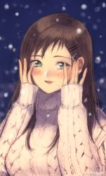 Rule 34 | 1girl, blush, breasts, brown hair, green eyes, hair ornament, hairclip, highres, large breasts, long hair, looking at viewer, murata tefu, open mouth, smile, solo, sophia esteed, star ocean, star ocean till the end of time, sweater