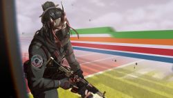 Rule 34 | 1girl, 2022, black hair, brown hair, commentary, english commentary, fingerless gloves, gloves, grey gloves, grey jumpsuit, gun, hair bun, hibana (rainbow six siege), highres, holding, holding gun, holding weapon, hooded jumpsuit, horns, ifragmentix, jumpsuit, leaning to the side, looking to the side, mask, mouth mask, parted bangs, rainbow six siege, running track, single hair bun, solo, trigger discipline, weapon