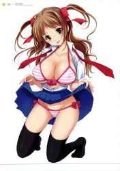 Rule 34 | 1girl, :p, absurdres, azuma yuki, black thighhighs, blue skirt, bow, bow bra, bow panties, bra, breasts, brown eyes, brown hair, brown theme, cleavage, clothes lift, covered erect nipples, front-tie top, full body, hair ribbon, halterneck, highres, kneeling, large breasts, lowleg, lowleg panties, necktie, no shoes, open clothes, open shirt, panties, pink bra, pink panties, pleated skirt, ribbon, school uniform, shirt, short sleeves, simple background, skirt, skirt lift, solo, striped bra, striped clothes, striped panties, thighhighs, tongue, tongue out, two side up, underwear, undone necktie, upskirt, white background