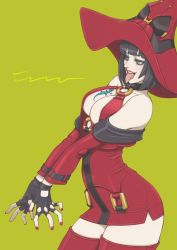 Rule 34 | 1girl, animal, arc system works, bare shoulders, black choker, black gloves, black hair, blue eyes, blunt bangs, bob cut, boots, breasts, breasts squeezed together, choker, cleavage, cowboy shot, dress, eyelashes, eyeshadow, fingerless gloves, gloves, guilty gear, guilty gear xx, hat, highres, i-no, large breasts, lipstick, lizard, looking down, makeup, microdress, nail polish, no bra, nose, o-ring, o-ring top, off-shoulder dress, off shoulder, red dress, red footwear, red hat, red nails, shigenobu, short hair, solo, thigh boots, thighhighs, tongue, tongue out, v arms, witch hat, yellow background, zettai ryouiki