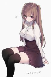 Rule 34 | 1girl, bad id, bad pixiv id, black thighhighs, breasts, brown hair, brown skirt, center frills, collared shirt, dated, feet out of frame, frills, grey background, heart, high-waist skirt, long hair, long sleeves, medium breasts, mimelond, original, pleated skirt, red eyes, shirt, signature, simple background, sitting, skirt, solo, thighhighs, two side up, very long hair, white shirt