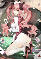 Rule 34 | 1girl, absurdres, animal ear fluff, animal ears, ass, black bow, black footwear, black gloves, blackjack table, blush, bow, breasts, card, coattails, collared shirt, corset, dress shirt, fate/grand order, fate (series), fox tail, glasses, gloves, hair between eyes, hair bow, heart, high heels, highres, koyanskaya (assassin) (second ascension) (fate), koyanskaya (fate), large breasts, licking lips, long hair, long sleeves, looking at viewer, looking to the side, pantyhose, pink hair, playing card, rabbit ears, shirt, sidelocks, smile, solo, spoken heart, table, tail, tamamo (fate), tongue, tongue out, torn clothes, torn pantyhose, twintails, underbust, white pantyhose, white shirt, yellow eyes, yukineko1018