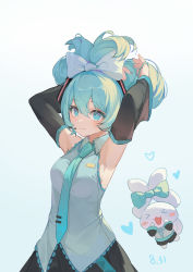 Rule 34 | &gt; &lt;, 1girl, absurdres, aqua eyes, aqua hair, aqua necktie, armpits, arms up, black skirt, black sleeves, blue background, blush, bow, cinnamiku, cinnamoroll, closed mouth, collared shirt, cowboy shot, creature, dated, detached sleeves, ear bow, floating, folded hair, gradient background, grey shirt, hair bow, hatsune miku, heart, highres, kuweichuanxin jr, long hair, long sleeves, looking at viewer, necktie, sanrio, shirt, skirt, smile, solo, vocaloid, white background, white bow