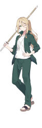 Rule 34 | 1girl, absurdres, blonde hair, braid, closed mouth, collared jacket, full body, green eyes, green jacket, green pants, hand on own hip, highres, holding, holding sword, holding weapon, jacket, long hair, long sleeves, looking at viewer, majo no tabitabi, majo no tabitabi: gakuen, necomi, novel illustration, official alternate costume, official art, one eye closed, open clothes, open jacket, pants, ponytail, sandals, sheila (majo no tabitabi), shirt, sidelocks, simple background, solo, standing, sword, weapon, white background, white shirt, wooden sword