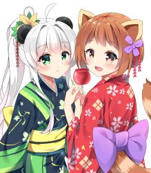 Rule 34 | 2girls, :d, absurdres, ahoge, animal ears, black kimono, blush, bow, brown eyes, brown hair, candy apple, commentary, english commentary, floral print, flower, food, green eyes, hair between eyes, hair flower, hair ornament, hand up, happy new year, highres, holding, holding food, ikazu401, japanese clothes, kimono, long hair, looking at viewer, looking to the side, multiple girls, new year, obi, open mouth, original, print kimono, purple bow, red kimono, sash, sidelocks, silver hair, simple background, smile, tail raised, very long hair, white background, yellow flower, yukata