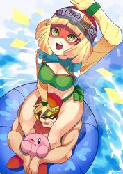 Rule 34 | 1boy, 1girl, arm up, arms (game), beanie, blonde hair, blush stickers, breasts, captain falcon, cleavage, closed mouth, commentary request, domino mask, f-zero, girl on top, green eyes, hand on another&#039;s head, hat, head between legs, helmet, highres, innertube, katwo, kirby, kirby (series), legs, mask, min min (arms), muscular, navel, nintendo, open mouth, red headwear, sitting, smile, super smash bros., swim ring, swimsuit, teeth, thighs, tongue, upper teeth only, visor, water, white eyes