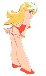 Rule 34 | 1girl, artist request, ass, bare legs, bare shoulders, blonde hair, blue eyes, breasts, dress, exhibitionism, female focus, from side, full body, leaning forward, long hair, looking at viewer, looking back, no bra, panties, panty &amp; stocking with garterbelt, panty (psg), panty pull, pink panties, public indecency, pulling own clothes, red dress, red footwear, red panties, short dress, simple background, small breasts, solo, standing, strapless, strapless dress, tagme, underwear, white background