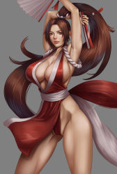 Rule 34 | 1girl, armpits, arms up, breasts, brown eyes, brown hair, cleavage, fatal fury, female focus, folding fan, hand fan, highres, holding, holding fan, huge breasts, long hair, looking at viewer, matching hair/eyes, ninja, ponytail, revealing clothes, shiranui mai, sirenlin, solo, standing, very long hair
