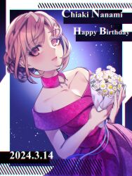Rule 34 | 1girl, bare shoulders, bouquet, braid, breasts, brown hair, character name, cleavage, collarbone, danganronpa (series), danganronpa 10th anniversary costume, danganronpa 2: goodbye despair, dated, dress, flower, galaga, happy birthday, highres, holding, holding bouquet, large breasts, nanami chiaki, nota sayaka, off-shoulder dress, off shoulder, official alternate costume, pink dress, short hair, short sleeves, solo, star (symbol), starry background, white flower