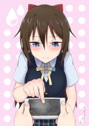 Rule 34 | 1girl, aqua eyes, aqua shirt, artist name, artist request, black skirt, black vest, blue eyes, blue skirt, blush, bow, breasts, brown hair, buttons, checkered clothes, checkered skirt, collared shirt, female focus, hair between eyes, hair bow, holding, long hair, looking at viewer, love live!, love live! nijigasaki high school idol club, medium breasts, miniskirt, nail, nail polish, nijigasaki school uniform, osaka shizuku, parted lips, pink background, pink nails, plaid, plaid skirt, pleated, pleated skirt, polka dot, polka dot background, ponytail, raindrop print, red bow, ribbon, school uniform, shirt, short sleeves, skirt, small breasts, smile, solo, sweater vest, vest, white shirt, yellow buttons, yellow neckwear, yellow ribbon