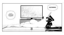 Rule 34 | 1girl, ass, barefoot, commentary, completely nude, controller, english commentary, english text, fate (series), greyscale, hat, head rest, highres, koha-ace, kusujinn, long hair, looking at viewer, lying, monochrome, nude, oda nobunaga (fate), oda nobunaga (koha-ace), on side, remote control, solo, tatami, television, very long hair
