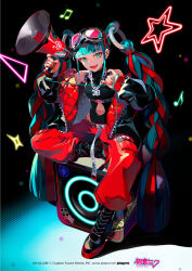 Rule 34 | 1girl, 39, aqua eyes, aqua hair, bare shoulders, beamed eighth notes, belt, black background, black footwear, black jacket, black shirt, blunt bangs, boots, cable, chain, chain necklace, clothes writing, clothing cutout, commentary, cross-laced footwear, crypton future media, detached hair, down jacket, eighth note, goggles, goggles on head, hatsune miku, hip vent, holding, holding megaphone, jacket, lace-up boots, lam (ramdayo), looking at viewer, magical mirai (vocaloid), magical mirai miku, magical mirai miku (2023), megaphone, musical note, navel cutout, necklace, neon lights, official art, open mouth, pants, piapro, red nails, red pants, ring hair ornament, ringed eyes, second-party source, shirt, sitting, sitting on object, sleeveless, sleeveless shirt, smile, solo, speaker, star (symbol), triangle, vocaloid