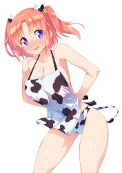 Rule 34 | 1girl, :d, absurdres, animal ears, animal print, apron, arms behind back, bare arms, bare shoulders, blush, breasts, collarbone, commentary request, cow ears, cow horns, cow print, cow tail, ear tag, embarrassed, highres, horns, kazuma (kazumav), large breasts, leaning forward, medium hair, mikakunin de shinkoukei, nearly naked apron, nose blush, open mouth, panties, print apron, print panties, purple eyes, red hair, simple background, smile, solo, sweat, tail, underwear, white background, yonomori kobeni