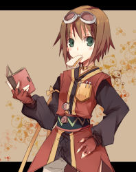 Rule 34 | 00s, 1girl, blush, book, brown hair, fingerless gloves, gloves, goggles, goggles on head, green eyes, holding, holding book, letterboxed, looking at viewer, magnifying glass, mouth hold, open book, rita mordio, sandwich, short hair, solo, suzushiro kurumi, tales of (series), tales of vesperia