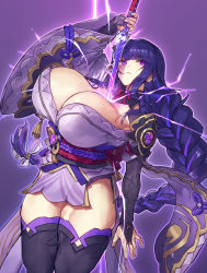 Rule 34 | 1girl, alternate breast size, armor, armpits, asymmetrical sleeves, braid, breasts, bridal gauntlets, cleavage, coattails, commentary request, cowboy shot, curvy, drawing sword, electricity, floral print, genshin impact, glowing, glowing sword, glowing weapon, hair ornament, highres, hime cut, holding, holding sword, holding weapon, huge breasts, human scabbard, japanese clothes, kimono, long hair, long sleeves, looking at viewer, melon22, mitsudomoe (shape), mole, mole under eye, obi, obiage, obijime, off shoulder, outline, panties, panty peek, parted lips, purple background, purple eyes, purple hair, purple kimono, purple thighhighs, raiden shogun, sash, shoulder armor, simple background, solo, sword, sword between breasts, tassel, thighhighs, tomoe (symbol), underwear, uneven sleeves, very long hair, vision (genshin impact), weapon, wide sleeves