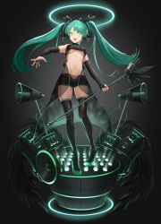 Rule 34 | 1girl, banajune, black footwear, black thighhighs, boots, bridal gauntlets, green eyes, green hair, halo, hatsune miku, highres, long hair, matching hair/eyes, md5 mismatch, microphone, microphone stand, navel, open mouth, pigeon-toed, platform boots, platform footwear, see-through, short shorts, shorts, solo, speaker, thigh boots, thighhighs, twintails, very long hair, vocaloid