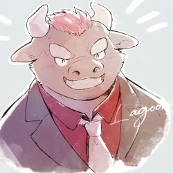 Rule 34 | 1boy, ^ ^, animal ears, artist name, bad id, bad twitter id, brown fur, closed eyes, collared shirt, cow ears, cow horns, facial hair, furry, furry male, goatee, grey background, grin, gyumao (housamo), happy aura, horns, lapels, male focus, mature male, minotaur, mohawk, necktie, notched lapels, outline, ragun (lagoon bluebear), red hair, red shirt, shirt, short hair, signature, smile, solo, thick eyebrows, tokyo houkago summoners, upper body, vest, white necktie, white outline