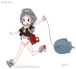 Rule 34 | 1girl, black eyes, collarbone, diving mask, diving mask on head, goggles, goggles on head, grey hair, holding, kantai collection, leg up, maru-yu (kancolle), one-piece swimsuit, open mouth, rigging, running, sailor collar, school swimsuit, school uniform, serafuku, shoes, short hair, simple background, solo, suka, swimsuit, swimsuit under clothes, thick eyebrows, white background, white one-piece swimsuit, white school swimsuit, yellow neckwear