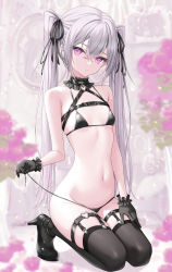 Rule 34 | 1girl, absurdres, bare arms, bare shoulders, belt, bikini, black belt, black bikini, black footwear, black gloves, black ribbon, black thighhighs, blurry, blurry background, breasts, chest harness, choker, closed mouth, commentary, crossed bangs, dot nose, frilled choker, frills, garter straps, gloves, hair ribbon, harness, heart o-ring, high heels, highres, holding, kneeling, lis 111, long hair, looking at viewer, micro bikini, navel, original, pink eyes, ribbon, sidelocks, small breasts, solo, stomach, straight hair, swimsuit, symbol-only commentary, thigh strap, thighhighs, twintails, untied bikini, very long hair