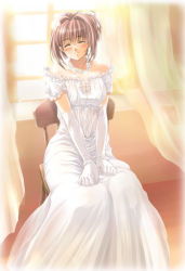 Rule 34 | 1girl, blush, bride, chair, curtains, dress, elbow gloves, closed eyes, flower, gloves, hair flower, hair ornament, happy tears, jewelry, necklace, pink hair, sitting, smile, solo, tears, wedding dress